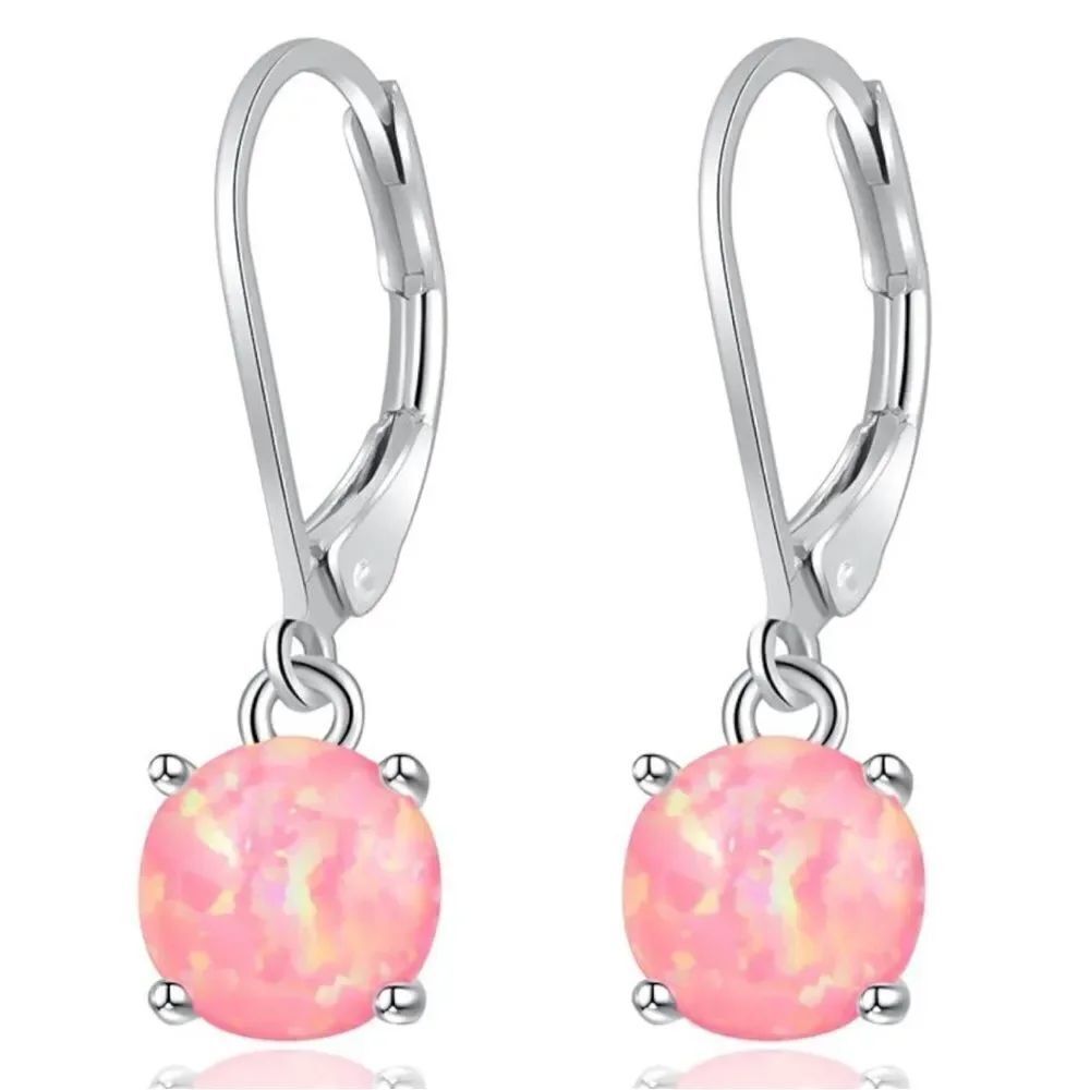 14K White Gold with Round Genuine Pink Fire Opal Hoop Leverback Drop Earrings